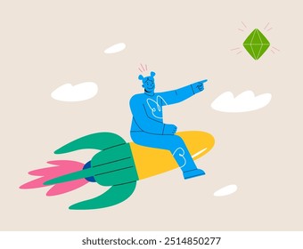 Female riding on rocket to stars meaning success. Achievement concept. Colorful vector illustration
