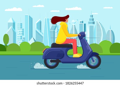 Female riding retro style scooter on modern city park. Woman drives blue moped on street. Woman vintage motorcycle driver. Hipster on bike life in motion lifestyle vector eps illustration
