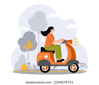 Female riding scooter outside. Eco transport with electric motors. Care for environment. Environmentally friendly vehicles. Flat vector illustration in cartoon style