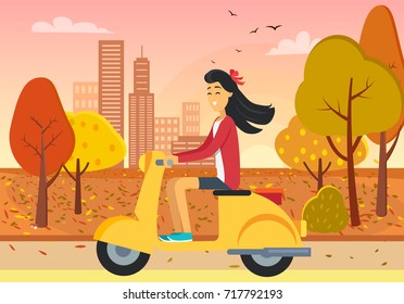 Female riding yellow moped in autumn town park. Vector illustration of girl on scooter surrounded by yellow golden trees with buildings in distance