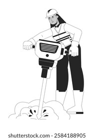 Female road construction worker with jackhammer linear illustration. Hispanic woman operating jack hammer to break concrete 2D line character isolated on white. Monochrome vector outline image