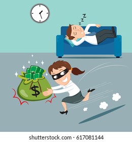 Female robber steals a lot of money while businessman owner sleeps, vector illustration cartoon