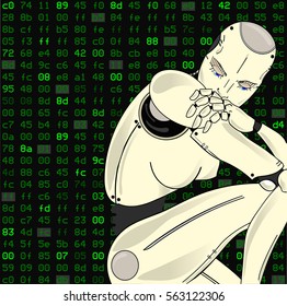 Robot femenino, con su inteligencia artificial, se sienta perdido en el pensamiento sobre un fondo de código binario. Puede ilustrar la idea del aprendizaje automático, redes neuronales artificiales.