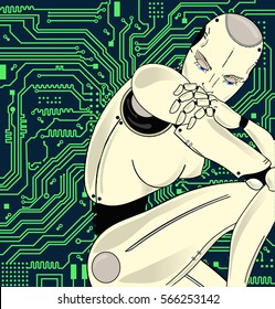 Female robot with artificial intelligence, sits pensively on the background of circuit board. Can illustrate the idea of machine learning, artificial neural networks, the development of technology