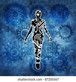 female robot with gears and full moasic background