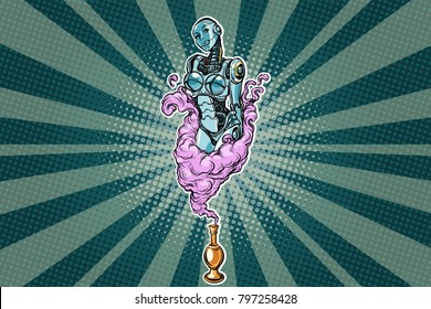 Female robot the Genie of the lamp. Pop art retro vector illustration