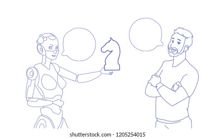 female robot giving businessman chess figure business strategy tactic concept chat bubble artificial intelligence sketch doodle vector illustration
