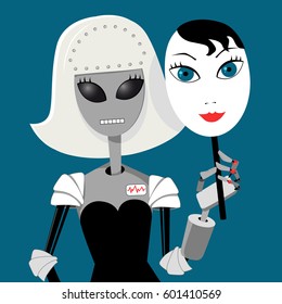 Female robot hiding behind a mask of a woman, EPS 8 vector illustration