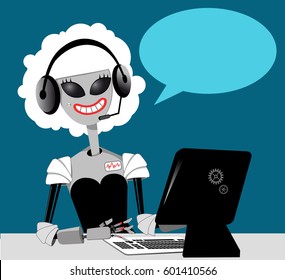 Female robot working in a call center, empty speech bubble in the background, EPS 8 vector illustration, no transparencies