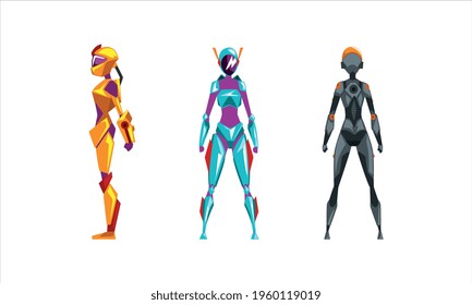 Female Robots Set, Cyborg Characters in Various Poses, Artificial Intelligence Concept Cartoon Vector Illustration