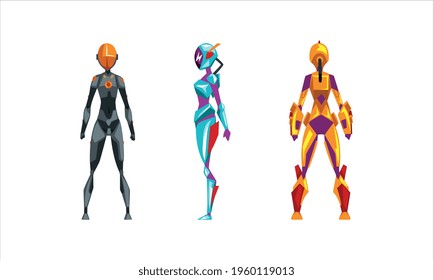 Female Robots in Various Poses Set, Side, Front and Back View of Cyborg Woman, Artificial Intelligence Concept Cartoon Vector Illustration