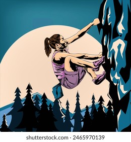 A female rock climber in action at night. perfect for sport competition banner