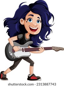 Female rock musician playing bass illustration