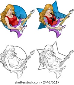 Female rock musician with tattoos playing electric guitar vector illustration in comics cartoon and line art style with shaped background