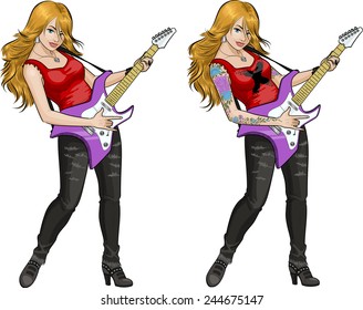 Female rock musician with tattoos playing electric guitar vector illustration in comics style