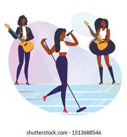 Female Rock n Roll Singer Flat Vector Illustration. Electric Guitar Players and Professional Vocalist Cartoon Characters. African American Girls Band, Talented Young Artists. Rock Music Show