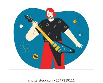 Die weibliche Rocksängerin hat rotes Haar und spielt E-Gitarre mit einzigartiger Form, dominiert von schwarzer Farbe, trägt Halskette mit Stollen, Rock n' Roll, Vektorgrafik.