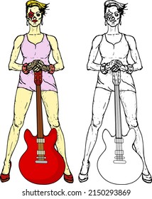 Female Rock Star Artist With An Electric Guitar, Isolated Against White. Hand Drawn Vector Illustration.