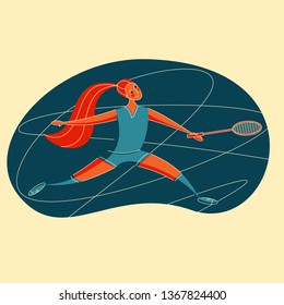 Female rocket sport. The girl plays badminton. Women's badminton team. Sportswoman in modern flat design in retro colors.