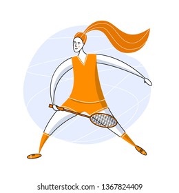 Female rocket sport. The girl plays badminton. Women's badminton team. Sportswoman in modern flat design.