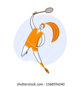 Female rocket sport. The girl plays badminton. Women's badminton team. Sportswoman in modern flat design.