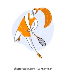 Female rocket sport. The girl plays tennis. Women's tennis team. Sportswoman in modern flat design.