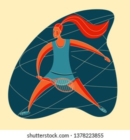 Female rocket sport. The girl plays tennis. Women's tennis team. Sportswoman in modern flat design in retro colors.