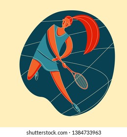 Female rocket sport. The girl plays tennis. Women's tennis team. Sportswoman in modern flat design in retro colors.