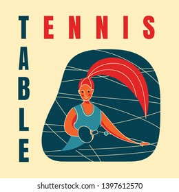 Female rocket sport. The girl plays table tennis. Women ping pong team. Sportswoman in modern flat design in retro colors.