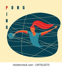 Female rocket sport. The girl plays table tennis. Women ping pong team. Sportswoman in modern flat design in retro colors.