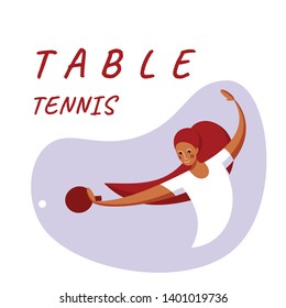 Female rocket sport. The girl plays table tennis. Women ping pong team. Sportswoman in modern flat design on a white background for the site.