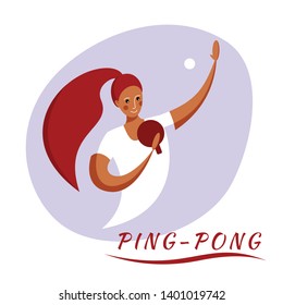 Female rocket sport. The girl plays table tennis. Women ping pong team. Sportswoman in modern flat design on a white background for the site.