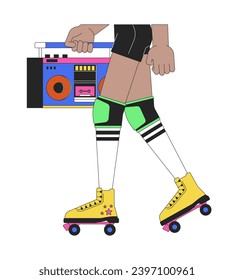 Female roller skater carrying boombox 2D linear cartoon legs close-up. Black girl isolated line vector hands closeup white background. Skating with vintage audio equipment color flat spot illustration