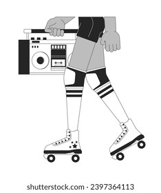 Female roller skater carrying boombox black and white 2D line cartoon legs closeup. Black girl isolated vector outline hands close up. Skating with vintage audio monochromatic flat spot illustration