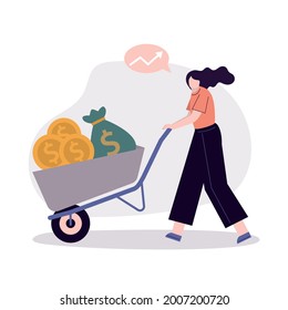 Female rolls cart with gold coins. Employee rolling cart with money. Businesswoman invest or save money. Concept of investment and finance management. Isolated on white background. Vector illustration