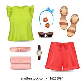 Female romantic colorful summer clothing and accessories set on white background flat isolated vector illustration