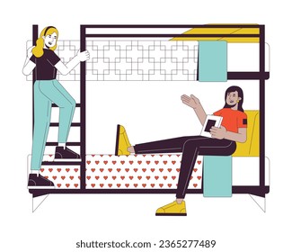 Female roommates in bunkbed flat line color vector characters. Editable outline full body people on white. University accommodation students simple cartoon spot illustration for web graphic design