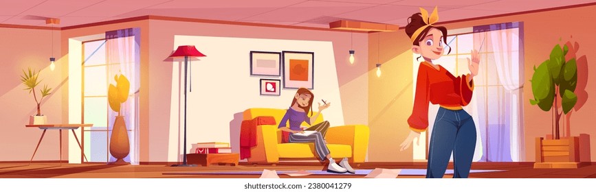 Weibliche Mitbewohner in modernen Apartments. Vektorgrafik-Illustration von jungen Frauen lächeln, Mädchen sitzend auf Sofa und schriftlich in Tagebuch, helles Wohnzimmer mit Möbeln und großen Fenstern