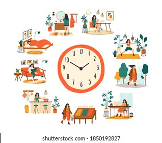 Female routine. Lifestyle activities temporal distribution, young woman daily schedule, life scenes around big clock face. Young woman sleep work training and shopping everyday vector cartoon concept