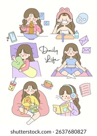 Female routine. Lifestyle activities temporal distribution, young woman daily schedule, life scenes . Hand drawn style vector design illustrations.
