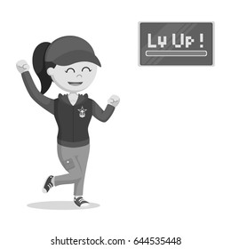 female rpg gamer level up black and white style