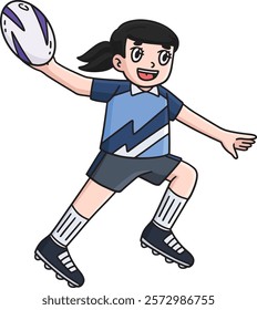 Female Rugby Player Passing Ball Cartoon Clipart 