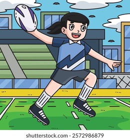 Female Rugby Player Passing Ball Colored Cartoon