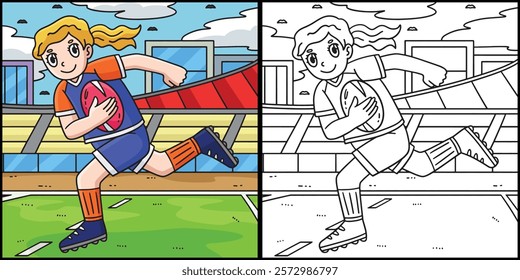 Female Rugby Player Running the Ball Illustration 