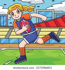 Female Rugby Player Running Ball Colored Cartoon