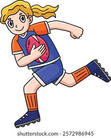 Female Rugby Player Running Ball Cartoon Clipart