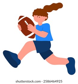 Female rugby player running with ball, American football, flat vector illustration