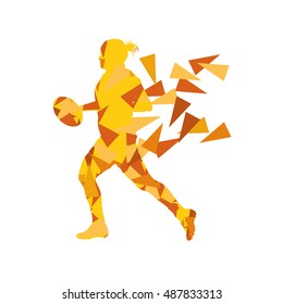Female rugby player woman abstract vector background made of polygon fragments isolated on white