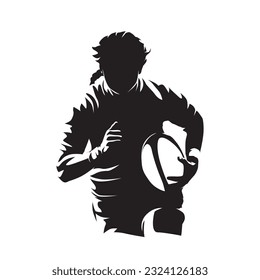 Female rugby player, woman holding ball and running, isolated vector silhouette, front view