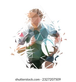 Female rugby player, woman holding ball and running, isolated low polygonal vector illustration from triangles, front view